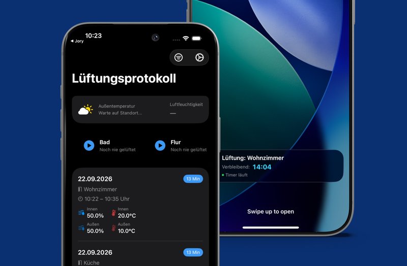 Lüftungsprotokoll app screens showing the room ventilation log and a Live Activity lock-screen countdown widget